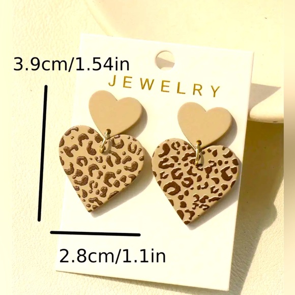 Double Heart Dangle Leopard Earrings - Picture 3 of 4